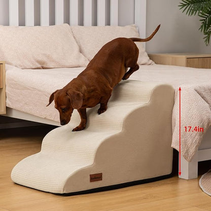 Aodisman 4-Step Dog Stairs and Ramp for Beds or Couches,Non-Slip Sturdy Pet Steps for Small Dogs and Cats,17.4" H,Beige