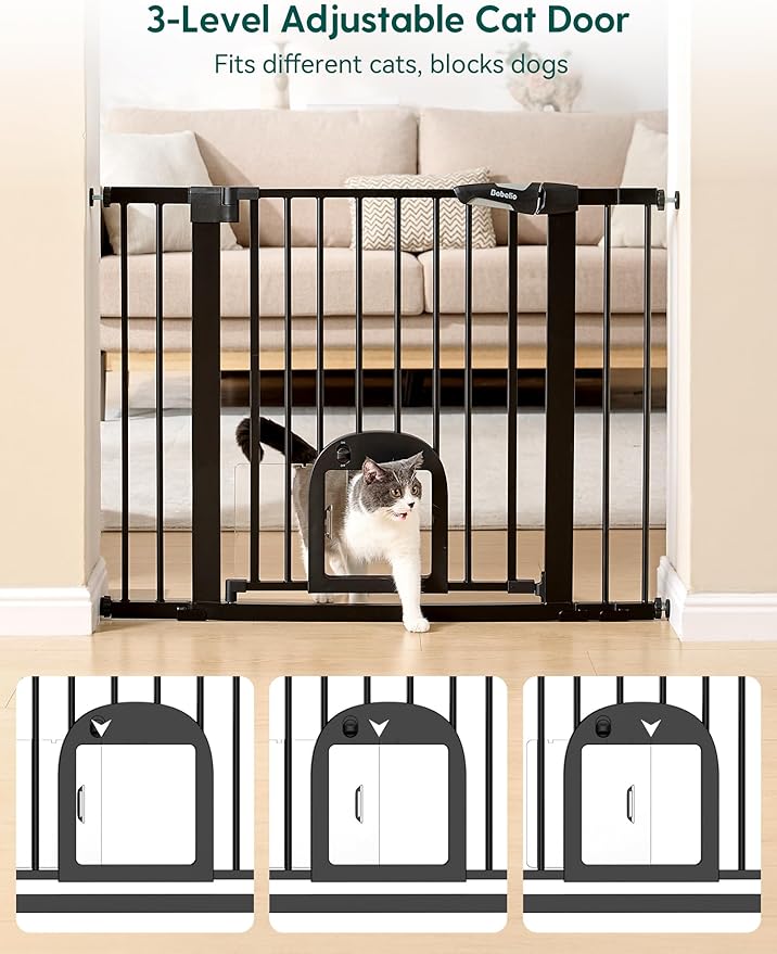 Babelio Baby Gate with Cat Door, CatPrivilege Ⅲ, Extra Wide 29-55" Cat Gate, 30" Tall Pressure Mounted Safety Gate for Large Openings, Stairs & Doorways, Auto Close, Black