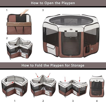 DONORO Dog Playpen Portable Pet Play Pens for Small Dog/Cat/Rabbit/Chicks, Cat Playpen Indoor/Outdoor with Carring Case, Removable Zipper Top and Bottom (Brown, Medium (35"x35"x20"), 8)