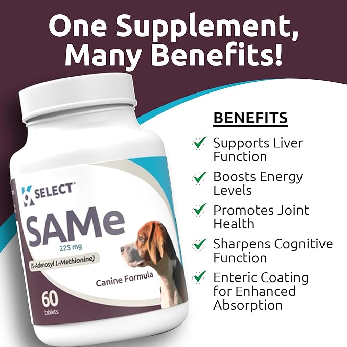 K9 Select SAM-e for Dogs: 225mg, 60 Tablets Active S-Adenosyl-L-Methionine Liver Supplement - Cognitive and Joint Health Nutrition for Medium and Large Dogs - Same Dog Liver Nutritional Supplement