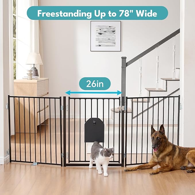 No Pawblems Dog Gate with Cat Door, Free Standing 30'' Tall Foldable Dog Fence for Indoor & Outdoor, Up to 78 Inch Extra Wide Puppy Gate for Stairs, Hallways, Doorways, Deck, Yard (Black, 3 Panels)