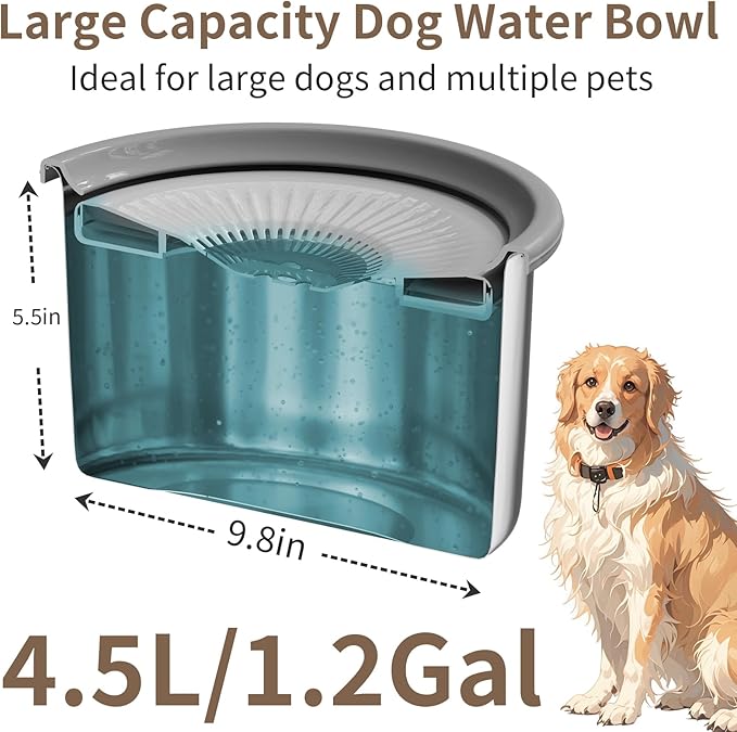 4.5L Dog Water Bowl No Spill 1.2 Gallon Stainless Steel Water Bowl for Dogs 150oz No Mess Slow Water Feeder with Anti-Slip Mat for Messy Drinkers 4.5L+2 Filters