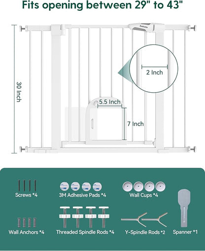Babelio Baby Gate with Adjustable Cat Door,29-43" Auto Close Durable Pet door for Stairs,Doorways and House,Pressure Mounted,Easy Install,Effortless Walk Thru,White