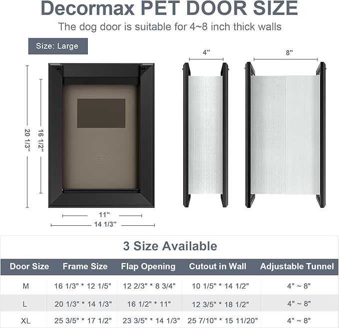 Heavy Duty Dog Door for Wall, Energy Efficient Doggie Door with Aluminum Frame, Telescoping Tunnel, Double Magnetic Flaps and Two Sliding Lock Panels, Easy to Install, Black, Large