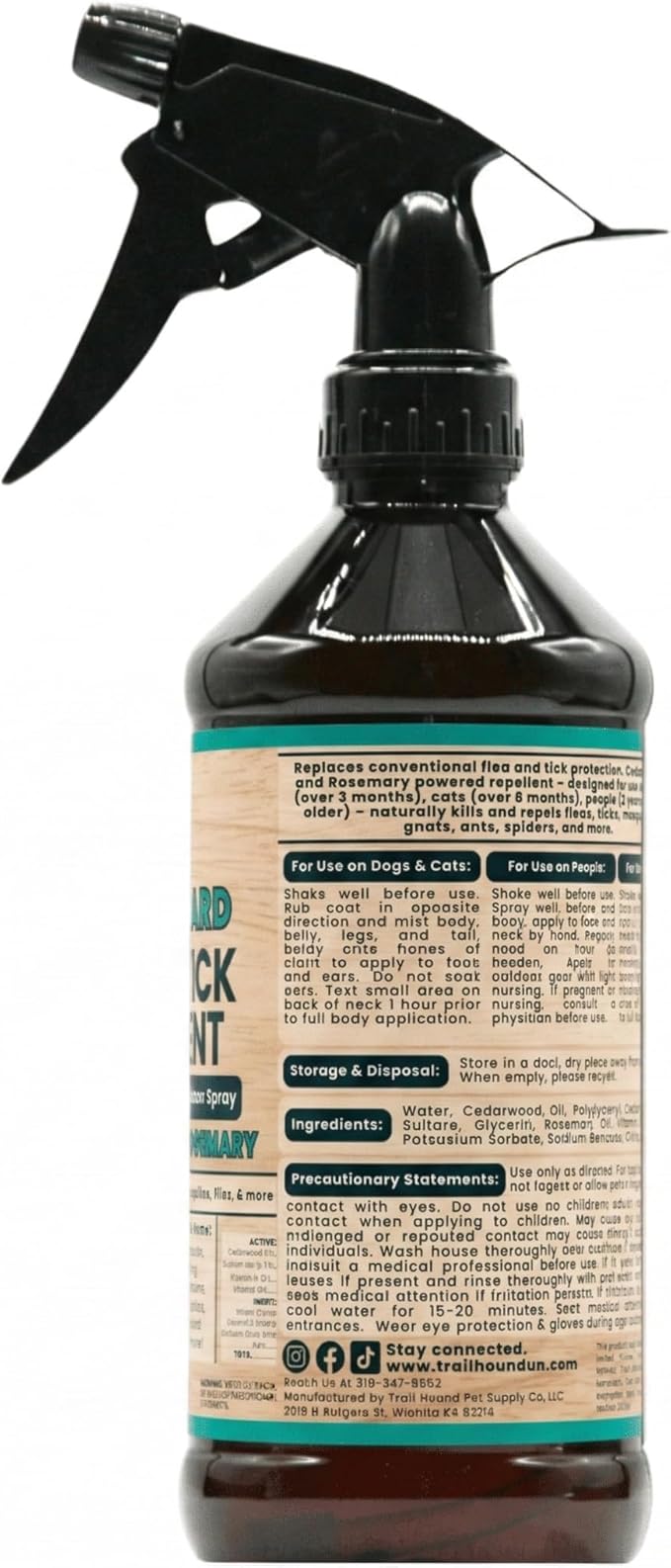 Trail Guard Natural Extra Strength Insect, Flea and Tick Spray for Dogs, Cats, People & Home (16oz, Cedarwood & Rosemary)