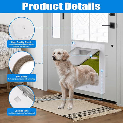 Pet Door, Durable Plastic Dog Door, 8.5”x 11.5” Inner Frame for Medium Dog and Pets, Easy DIY Installation, Suitable for Interior and Exterior Doors, Screen and Wall, White Doggie Door