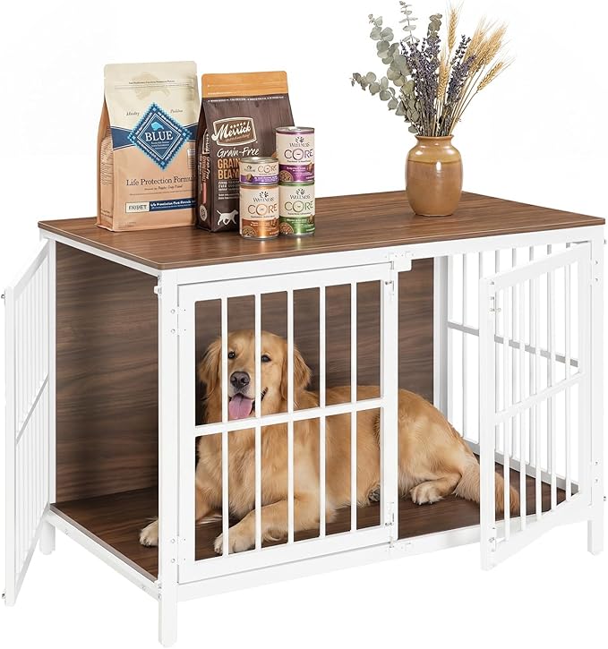 HOOBRO Heavy Duty Dog Crate Furniture, 39.4" Wooden Indoor Kennel with 3 Doors, Chew Resistant Metal Cage for Medium and Large Breeds, Dog Crate Side Table, White and Walnut WH101GW03