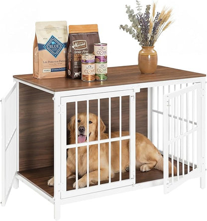HOOBRO Heavy Duty Dog Crate Furniture, 39.4" Wooden Indoor Kennel with 3 Doors, Chew Resistant Metal Cage for Medium and Large Breeds, Dog Crate Side Table, White and Walnut WH101GW03