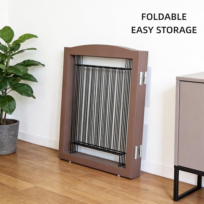 ZJSF Freestanding Dog Fence Indoor, Foldable Dog Gate for Doorways, Stairs or Hallways, Sturdy Wood Extra Wide Pet Gate with Support Feet for The House, Brown, 32 "Height-6 Panels