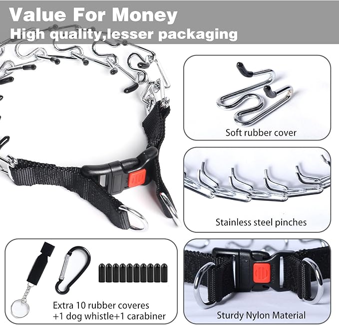 Dog Prong Collar, Walking Training Collar for Small Medium Large Dogs with Quick Release Buckle, Adjustable Pinch Collar with Rubber Caps, No Pull Dog Collar Prong(M,16"-18")