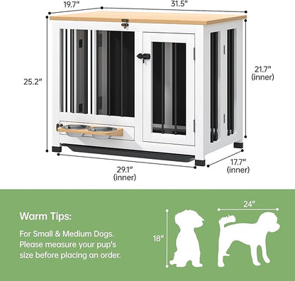 31.5" Dog Crate - Wooden Dog Kennel Furniture with 360° Rotating Feeder & Removable Tray | Indoor Multi-Functional End Table for Medium & Small Dogs, Light Walnut Dog Cage, Portable Pet Crates