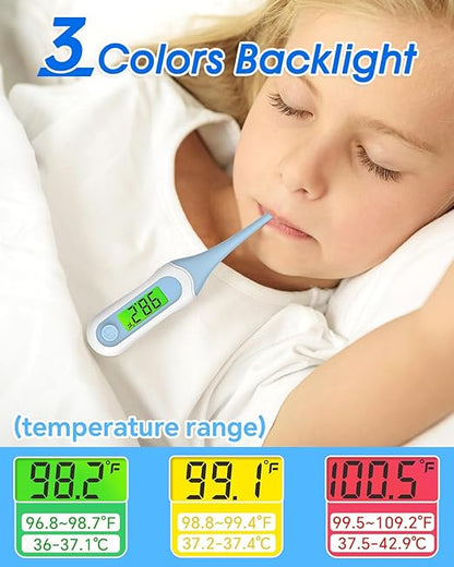 Digital Oral Thermometer for Adults and Kids, 8s Fast Reading, Accurate & Safe Thermometer for Baby with Fever Alarm, °C/°F Switchable, 3 Colors Backlit Medical Rectal Thermometers