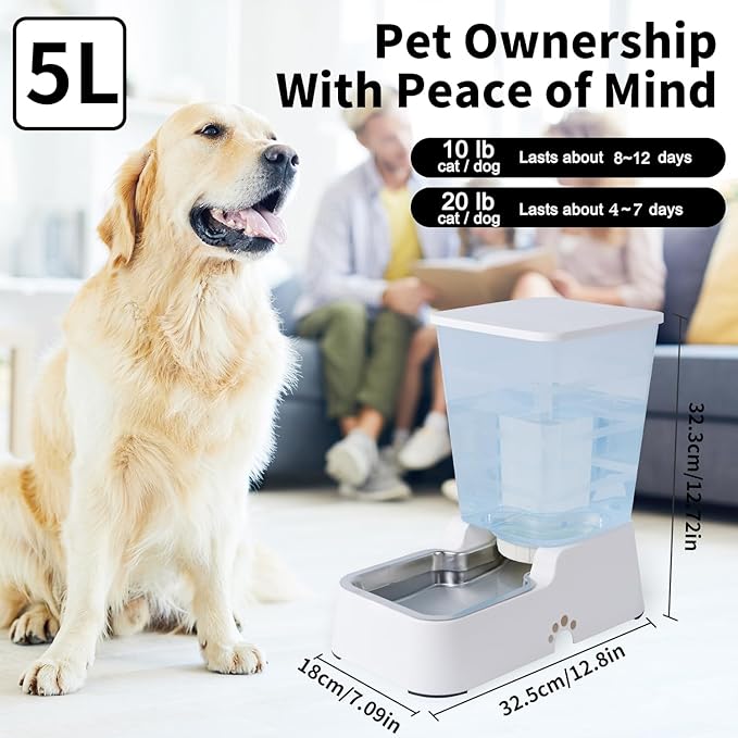 Meikuler Automatic Dog Cat Water Dispenser Large Capacity 5Lfor Cats and Medium and Large-Sized Dogs with Stainless Steel Bowl (White, 5L)