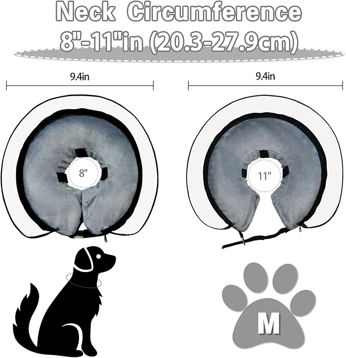 MRSOHRET Dog Cone, Dog Surgery Collar, Inflatable Cones for Small Medium Large Dogs, Grey Recovery Collar, Does not Impede Vision (M Grey)