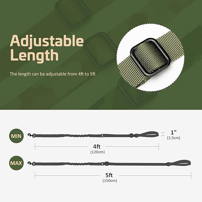 Forestpaw Tactical Dog Leash for Large Dogs,Heavy Duty Bungee Dog Leash with Shock Absorption,2 Padded Handles for Training Running Walking,Adjustable 4-5FT,Green