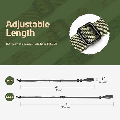 Forestpaw Tactical Dog Leash for Large Dogs,Heavy Duty Bungee Dog Leash with Shock Absorption,2 Padded Handles for Training Running Walking,Adjustable 4-5FT,Green