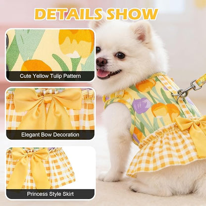 EXPAWLORER Dog Harness Small Medium Sized Dogs, Tulip Dog Dress Bowknot Harness and Leash Set, No Choke No Pull Soft Mesh Vest Cute Princess Puppy Outfits Clothes Costume for Girls Party Cats Yellow S