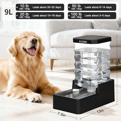 RIZZARI Stainless Steel Pet Water Feeder: 9L Large Gravity Waterer - Less Refills All-Day Water - No Mess Keeps Floors Dry - Quiet Refill - for Medium to Large Dogs - Workday/Day Trip