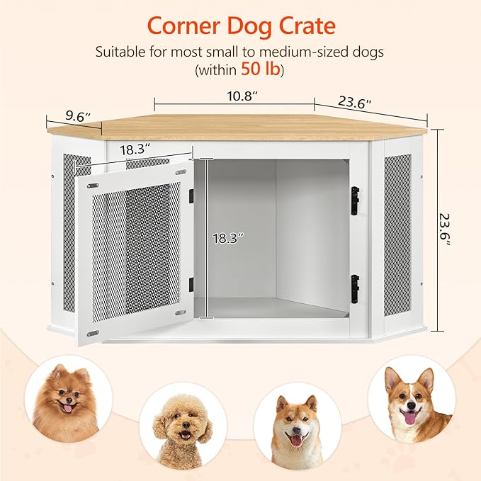 MAHANCRIS Corner Dog Crate Furniture, Wooden Dog Kennel End Table, Decorative Pet Crate Indoor Use, Furniture Style Dog House for Small Medium Dog, Dog Cage TV Stand, White and Natural DCBN0801