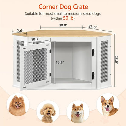 MAHANCRIS Corner Dog Crate Furniture, Wooden Dog Kennel End Table, Decorative Pet Crate Indoor Use, Furniture Style Dog House for Small Medium Dog, Dog Cage TV Stand, White and Natural DCBN0801