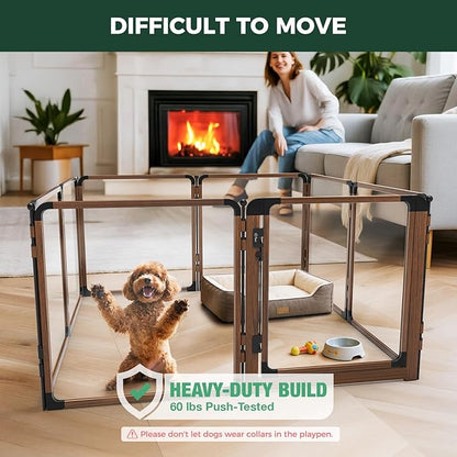 FXW AuraSpace Pro Acrylic Indoor Dog Playpen, Heavy-Duty with Metal Frame, 24" Height 8 Panels for Puppies & Small Dogs, Walnut│Patented