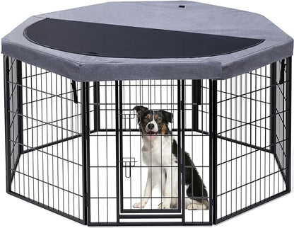 PETIME Dog Playpen,Metal Exercise Puppy Pen Heavy Duty Kennels Yard Fence Indoor/Outdoor 27" W x 32" H 8 Panels Dog Cage with Octagon Top Cover