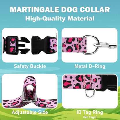 Martingale Collar for Dogs with Buckle No Pull Adjustable Nylon Limited Slip Training Dog Collars (Pink Leopard, Small)