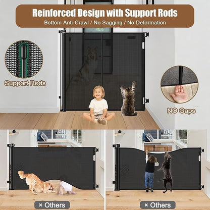 Reinforced 55" Extra Tall Pet Gate for Doorway - No Jumping Over, 55" Wide Retractable Baby Gates with Support Rods - No Crawling Under, Climb Proof Cat Gate for Stairs Tall Retractable Dog Gate/Black