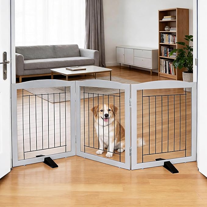 ZJSF Freestanding Dog Fence Indoor, Foldable Dog Gate for Doorways, Stairs or Hallways, Sturdy Wood Extra Wide Pet Gate with Support Feet for The House, Grey, 24 "Height-3 Panels