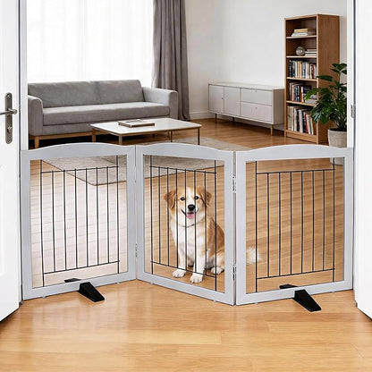 ZJSF Freestanding Dog Fence Indoor, Foldable Dog Gate for Doorways, Stairs or Hallways, Sturdy Wood Extra Wide Pet Gate with Support Feet for The House, Grey, 24 "Height-3 Panels