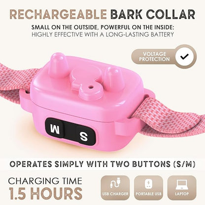 Tiny Bark Collar for Small Dogs 5-15 lbs and Puppies - No Shock Anti Barking Collar - Rechargeable Smart Collar for Dog Training with 7 Sensitivity Levels and 3 Beep&Vibration Modes (Pure Pink)
