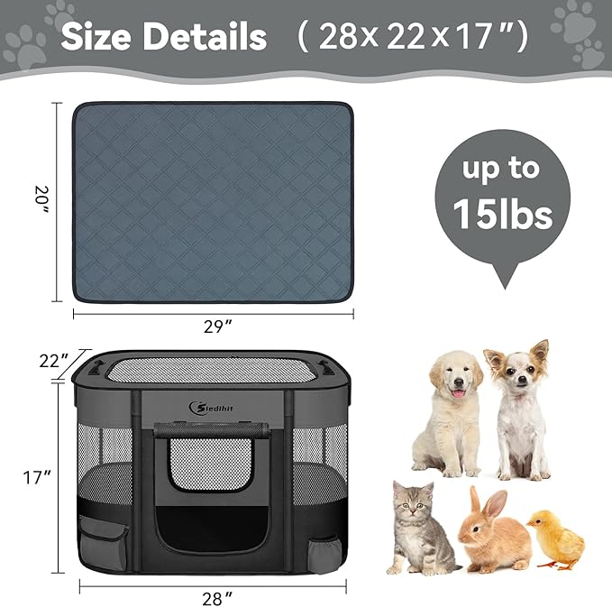 Dog Playpen,Cat Pet Puppy Pen,Portable Playpens for Dogs Indoor Outdoor Travel Camping Use,Foldable Dog Kennel Tent Crate for Rabbit Small Animals with Carrying Case (Dark Grey with Pad, Small)