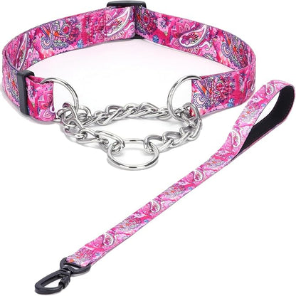 Martingale Dog Collar with Stainless Steel Chain - Limited Chain Cinch Training Collar for No Pull Training Dog - Flower Multicolor Cute Patterns - Premium No Slip Collar (XL, Pink Set)