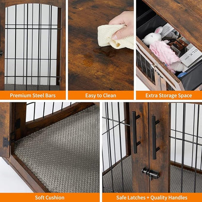 Dog Crate Furniture with Drawers, Wooden Dog Kennel Furniture for Large Breed,End Table Wood Dog House for Indoor Use,Dog Crate for Small/Medium/Large Dog