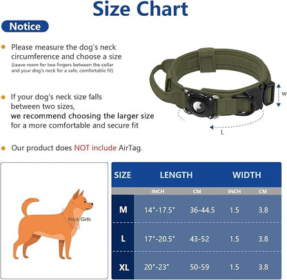 2026 Upgrade Waterproof AirTag Dog Collar, Comfortable Control Handle and Metal Buckle, Military Tactical Dog Collar with AirTag Holder, GPS Holder for Medium to Large Dogs (ArmyGreen,L)
