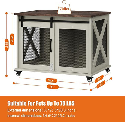 TROPOW Dog Crate Furniture,37 Inch Dog Kennel Furniture, Sliding Barn Door, Flip Top Dog Crate End Table with Removable Divider, Farmhouse Dog Cage for Small to Middle Size Dogs