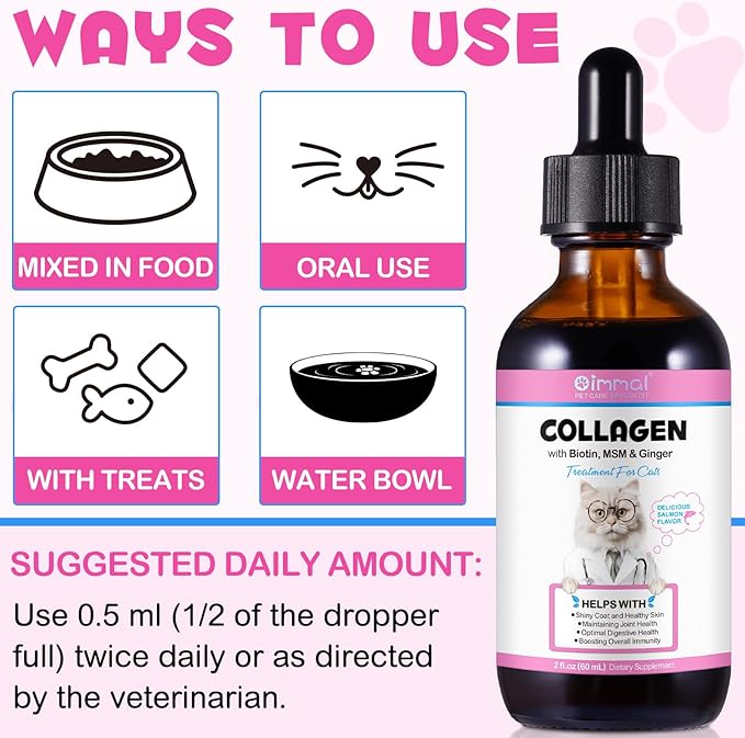 Collagen for Cats, Cat Collagen Liquid Drops for Cats with Biotin, MSM & Ginger Digestive & Immunity Support, Itch Relief, Skin & Coat and Joint Health, Cat Supplement 60ml ﻿