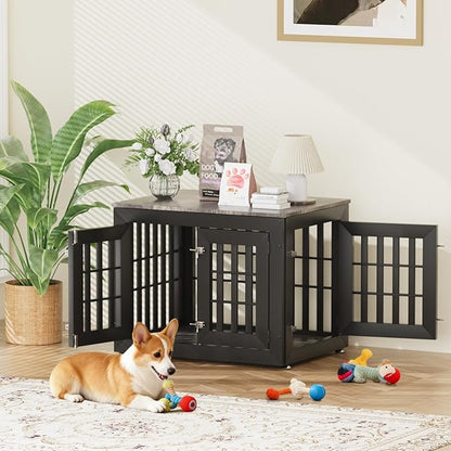 Snuowu 32" Heavy Duty Dog Crate Furniture for Small,Medium and Large Dogs,Rustic Wooden Dog Cage Kennel Indoor Furniture with Waterproof Top,Decorative Pet House Side End Table (Black & Grey)