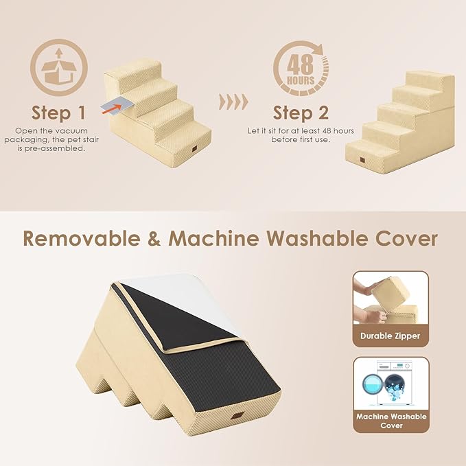 EHEYCIGA Dog Stairs for High Bed 22.5" H, 5-Step Dog Steps for Bed, Pet Steps for Small Dogs and Cats, Non-Slip Balanced Pet Ramp Indoor, Graige