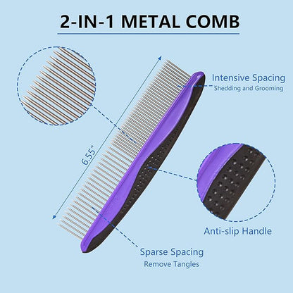 5-in-1 Dog & Cat Extra Long Pin Grooming Kit Slicker Brush for Large Dogs Cats Remove Loose Fur, Undercoat Brush for Shedding, Dematting Comb & Cleaner for Long Haired Pets