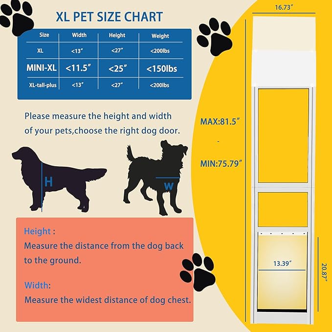 XLarge Dog Door for Sliding Glass Doors Adjustable 75.79“ to 81.5” All Metal Framed Lockable Panel Extra Large Dog Door for Sliding Glass Door Easy Installation and Durable Design