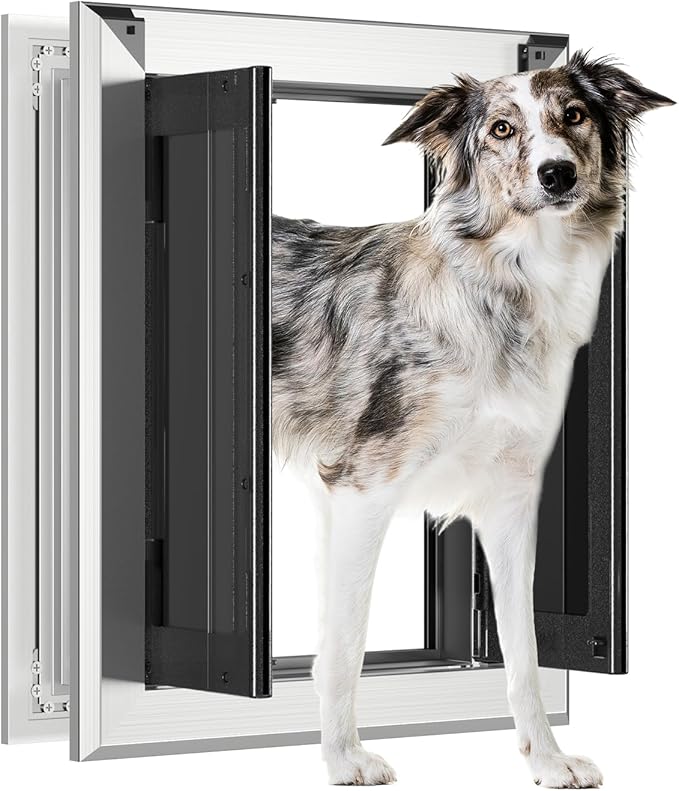 Aluminum French Large Dog Door,Strong Double Magnetic Flaps,with Aluminum Telescoping Tunnel Heavy-Duty Do g Door for L arge and Medium Dog Up to 110LBS (Silver, Large)
