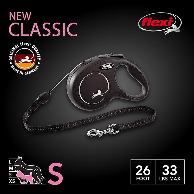 FLEXI New Classic Cord Retractable Dog Leash for Small Dogs up to 33 lbs. – 26 ft., Black | Tangle-Free Pet Walking Leash with One-Handed Brake, Pause, Lock|German Quality Product