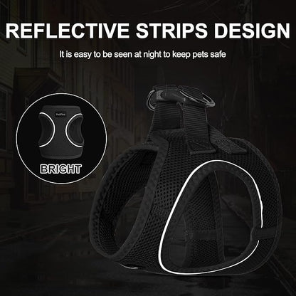 PetiFine Extra Small Step in Dog Harness and Leash Set, Cat Harness and Leash Escape Proof, All Weather Mesh Reflective, Step-in Air Vest Harnesses for Puppy(XXXS, Black)