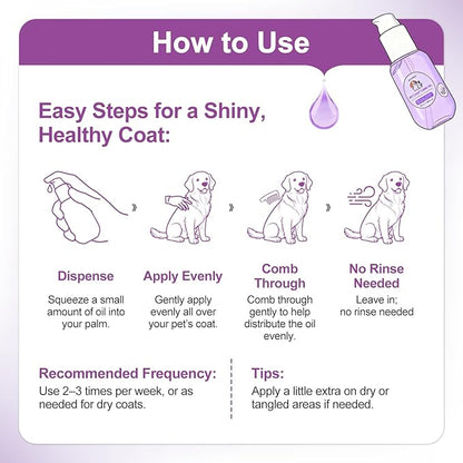 Pet Coat Care Oil, Lavender & Chamomile Extract | Smoothing Detangler with Easy Glide Grooming; Stress-Free Elixir for Sensitive Pets, Anti-Frizz Botanicals, Lick-Safe, Dogs Cats, 1.69 fl. oz