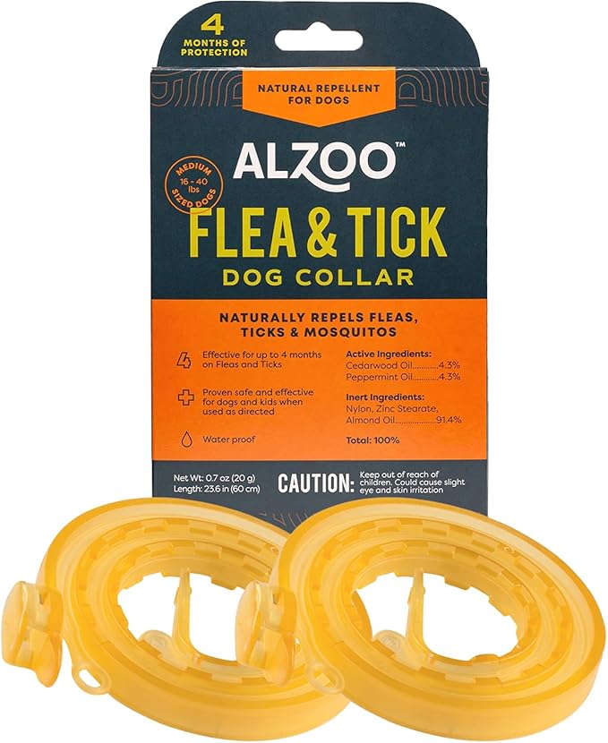 ALZOO Flea & Tick Dog Collar - Helps Repel Fleas, Ticks & Mosquitoes - 100% Plant-Based Active Ingredients - Waterproof - Up to 4 Months Protection - Medium-Sized Dogs: 16-40 lbs - Pack of 2