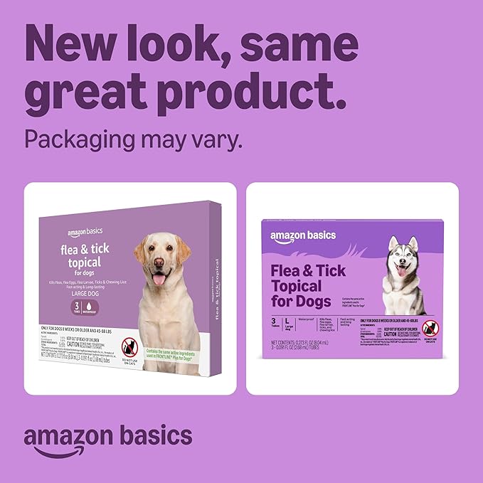 Amazon Basics Preventative Flea and Tick Topical Treatment for Dogs, Large (45-88 lbs), Fast Acting and Long Lasting, 3 Counts, Packaging May Vary
