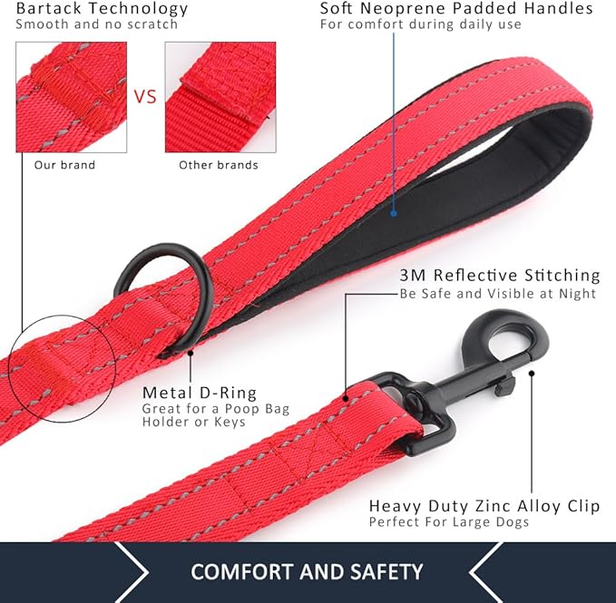 Plutus Pet Double Handle Dog Leash 5ft, Heavy Duty, Reflective Dual Handle Dog Leash for Safety Training, for Medium Large Dogs,2 Handle Leads(Red)