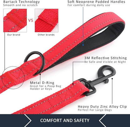 Plutus Pet Double Handle Dog Leash, 6ft, Padded, Heavy Duty, Reflective, Red, 2 Handle Leads