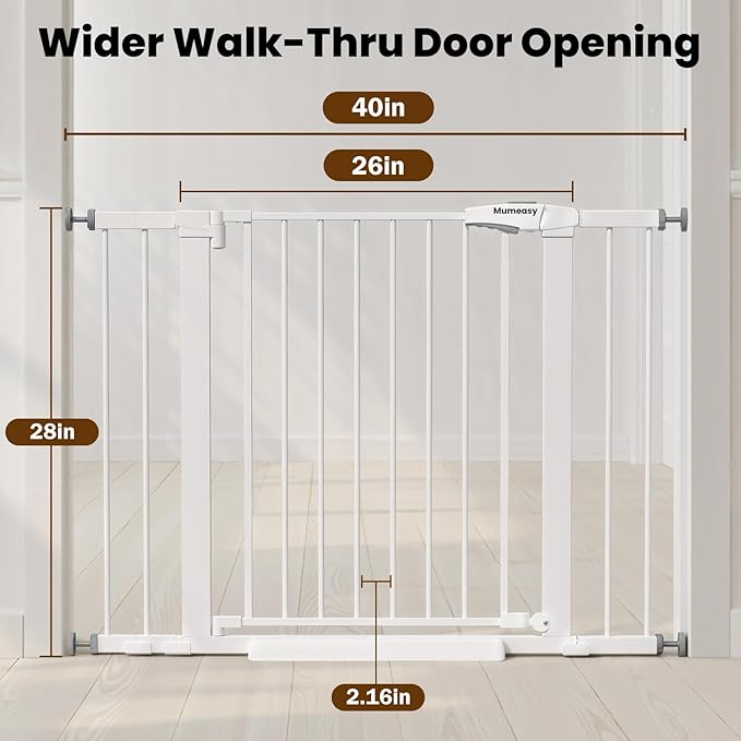 Baby Gate for Stairs, 26-40" Auto Close Dog Gate for Doorways, Pressure Mounted Child Gate with Walk Thru Door, Easy Install Safety Gate for Children and Pets, White